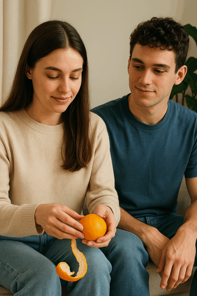 a girl peeling orange for her partner - orange peel theory